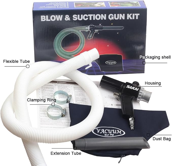 SAKAI Pneumatic Vacuum Cleaner Kit - Dual Function Air Vacuum and Suction with Vacuum Bags, Tube & Accessories