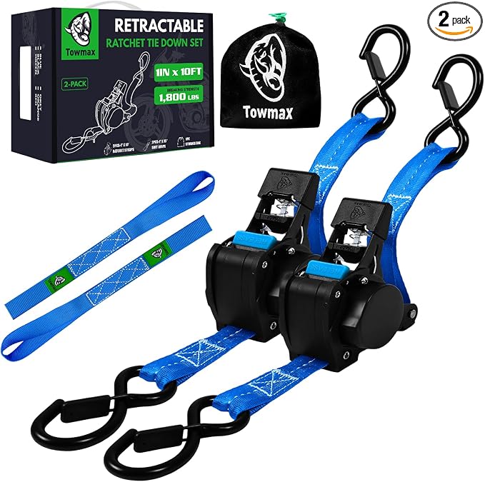 Retractable Ratchet Straps (Patented-2pack) - 1 inch x 10Feet (1,800lb Break Strength) Auto Self Retracting Tie Down Straps - Self Retractable Straps with Refletcive for Motorcyle, Truck or Cargo