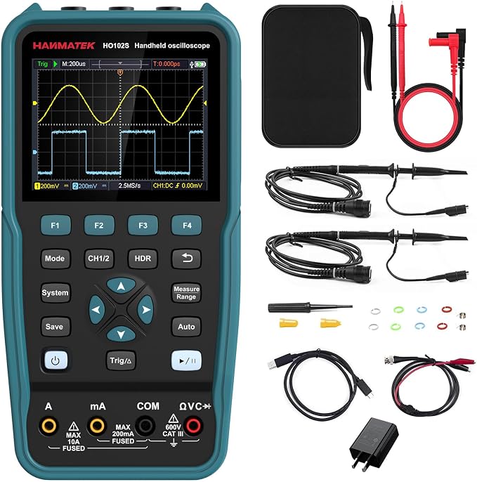 HANMATEK 3 in 1 Handheld Oscilloscope Multimeter 100Mhz Waveform Generator Oscilloscope with 2 Channels 3.5" TFT, HO102S Professional oscilloscope Multimeter with Memory Function