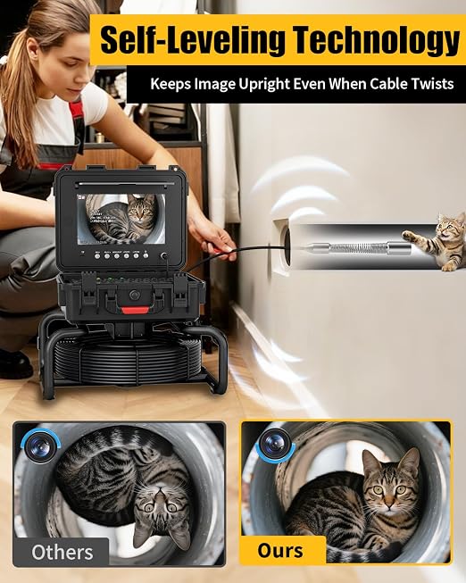 Sewer Camera Self Leveling with 512Hz Sonde & 50m/165ft 7mm Cable, 10" IPS 1080P Drain Camera Pipe Inspection Equipment with DVR Recorder, Keyboard & Meter Counter for Plumbing Professionals