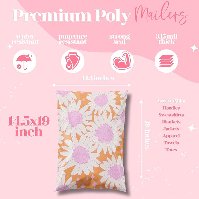 Pretty Package Store Poly Mailer 14.5x19, Pink Blooms Flowers, 100 Pack | Heavy Duty, Waterproof, Self Seal, Tear Resistant, Shipping Bags for Small Business Packaging, Bulk Mailing Envelopes