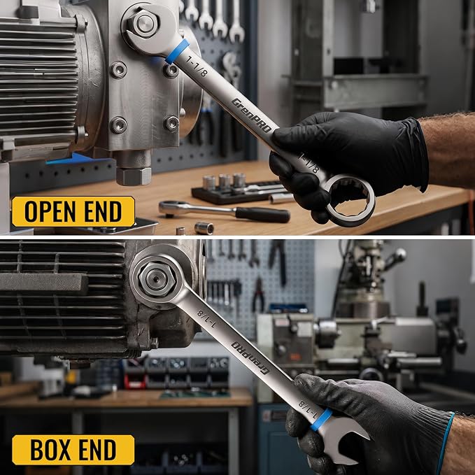 GRENPRO 15/16"-1-1/4" Large SAE Wrench Set, Combination Open End Wrench Set | Color Rings, Roll Up Pouch, Nickel Rust-Proof Coating, CRV Steel, Free Gauge for Quick Size Matching