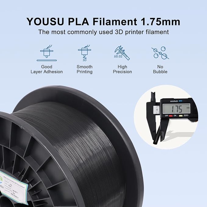 YOUSU PLA 5kg 3D Printer Filament Bundle 1.75mm, Print with Most FDM 3D Printers, 11lbs, 1 Pack 5kg Large Spool, Accuracy +/- 0.02mm, Black
