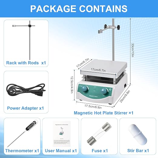 Magnetic Stirrer Hot Plate, Mixer with 5L Stirring Capacity, Up to 520°F, 0-2000 RPM Adjustable Speed, 6.7 x 6.7 inch Hot Plate, Includes Magnetic Stir Bar & Support Stand