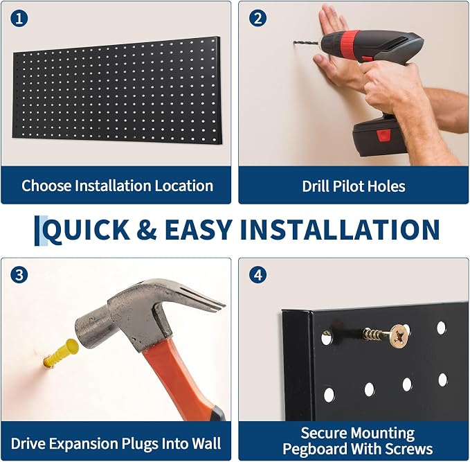 GarveeHome Heavy Duty Wall Mounted Metal Pegboard Panels for Garage Storage – 4 PCS 24"x12" Black Steel Organizer – Flexible Layout Tool Rack, Easy Installation, Ideal for Home, Workshop, Kitchen,