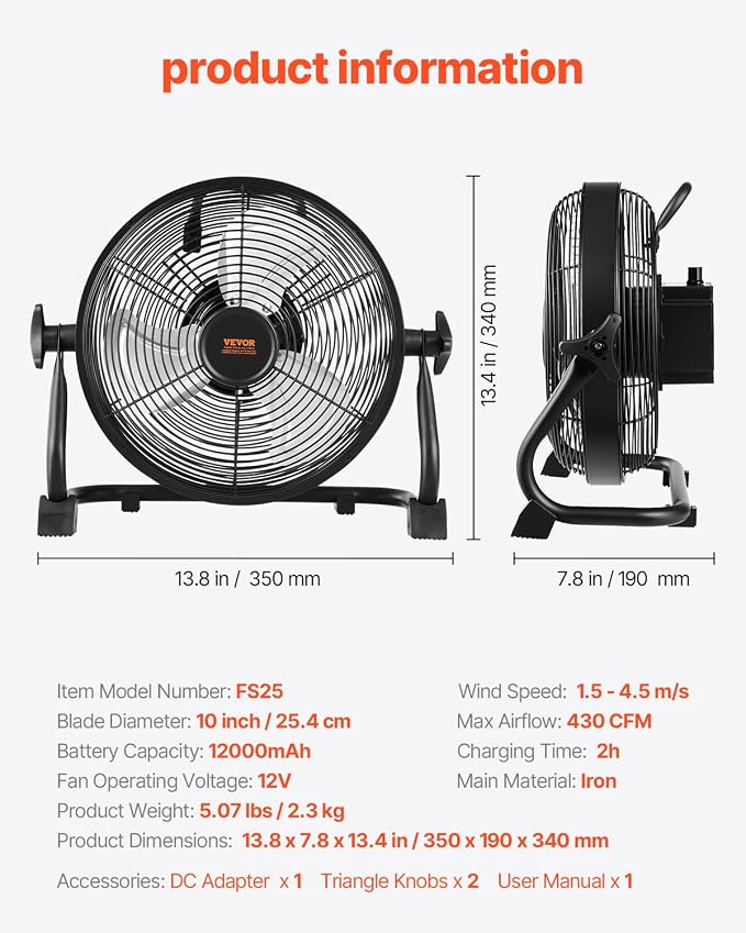 VEVOR 10 inch Rechargeable Battery Operated Camping Floor, High Velocity Portable Outdoor Fan with Metal Frame, Copper Brushless Motor, 360-degree Manual Rotation,for Fishing,Traveling, Picnicking