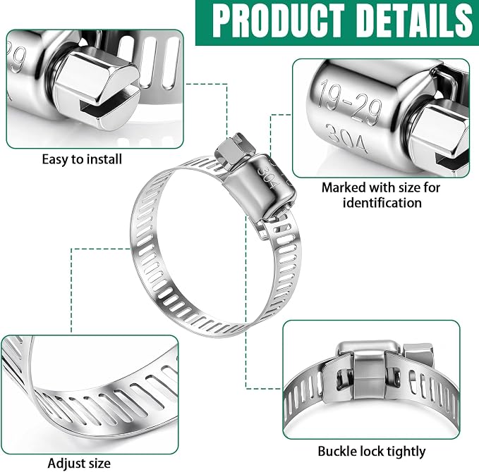 Shimeyao 300 Pcs Hose Clamp Assortment (1/4''- 1-1/2" (6-38 Mm) Stainless Steel Hose Clamps 304 Stainless Steel Worm Fuel Line Clip for Automotive Plumbing Intercooler Tube