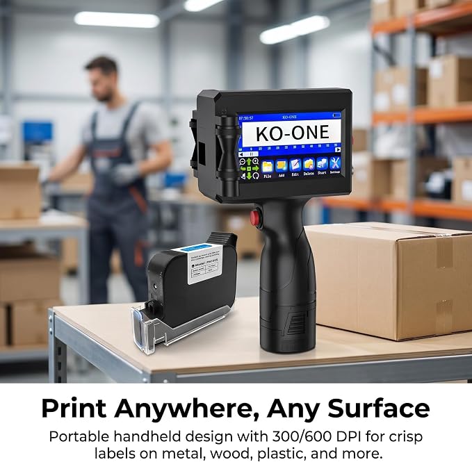KOONE Handheld Inkjet Printer, 0.5 Inch Nozzle, Portable Inkjet Printer Gun for Text QRCode Barcode Production Date Time Logo Batch Number Print on Metal Wood Glass Cloth Carton Plastic (Black)