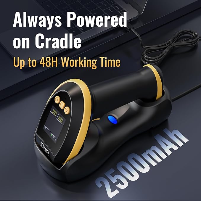 Tera Barcode Scanner Wireless with Screen: Pro Version 1D 2D QR with Setting Keypad Charging Cradle Works with Bluetooth 2.4G Wireless USB Wired Handheld Bar Code Reader HW0009 Yellow