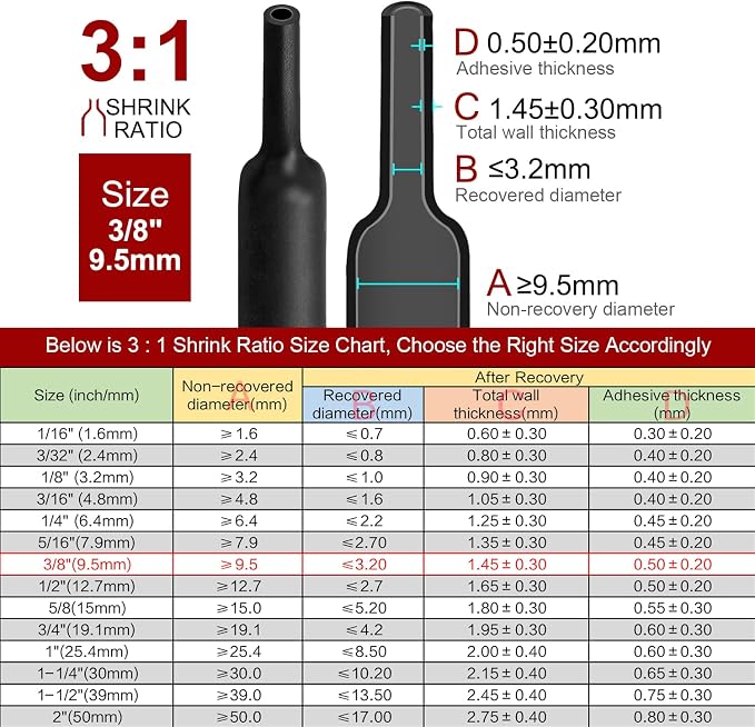 Chanzon 3:1 Ratio - 80ft Roll - Heat Shrink Tubing 3/8" (9.5mm) - Marine Grade Waterproof Adhesive Lined - (25M Total Length) Black Polyolefin Sleeving Wrap Shrinking 3 to 1 Ratio 1pcs