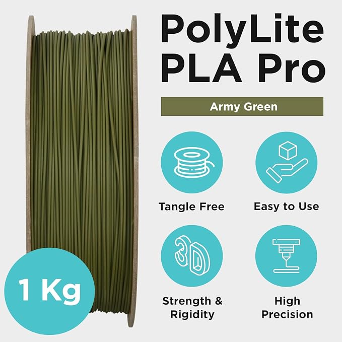 Polymaker PLA PRO Filament 1.75mm 1kg, Tough & High Rigidity Army Green 3D Printing Filament, PolyLite PLA PRO High Speed, Print with Most 3D Printers