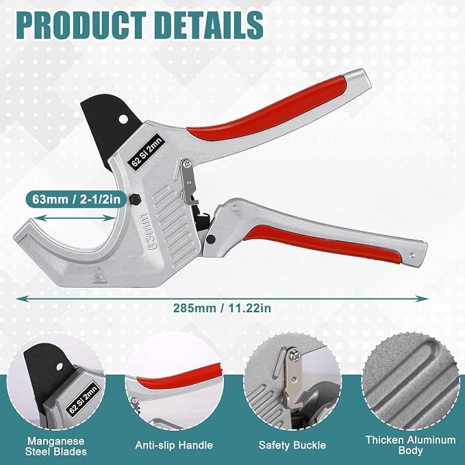 PVC Pipe Cutter 2.5 inch, Heavy Duty Pipe Cutter Tool with Aluminum Body, Manganese Steel Blades, Ergonomic Non Slip Handle and Safety Latchs for Cutting PVC, PPR, and PE Pipes