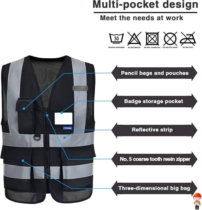 A-SAFETY High Visibility safety vest black pockets | Black L Polyester work vest with reinforced pockets, clear ID holder and mic tabs for warehouse work and event operations.