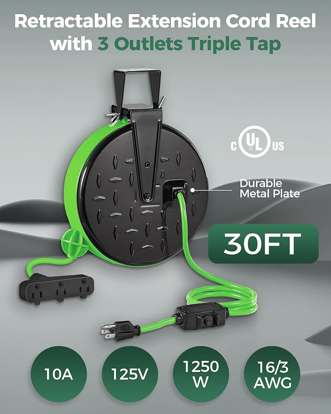 24W LED Work Light and 30 Ft Retractable Extension Cord Reel Bundle, for Garage, Workshop, Car Repair Scene Y05WL06-J30CR06