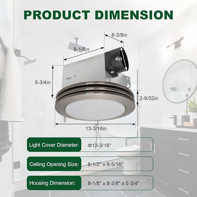 Akicon Bathroom Exhaust Fan with Shower Light, 80 CFM 2.0 Sones Round Bathroom Fan Light Combo, Dimmable 3CCT LED Lights Vent Fans with Acrylic Cover for Shower Room, Home (Brushed Nickel)