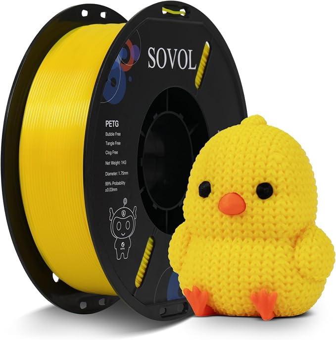 Sovol 3D Printer PETG Filament 1.75mm 1KG (2.2lbs), High Precision, Strong Toughness, Wiring Tightness, Dimensional Accuracy +/- 0.03 mm, 3D Printing PETG Filaments, Yellow