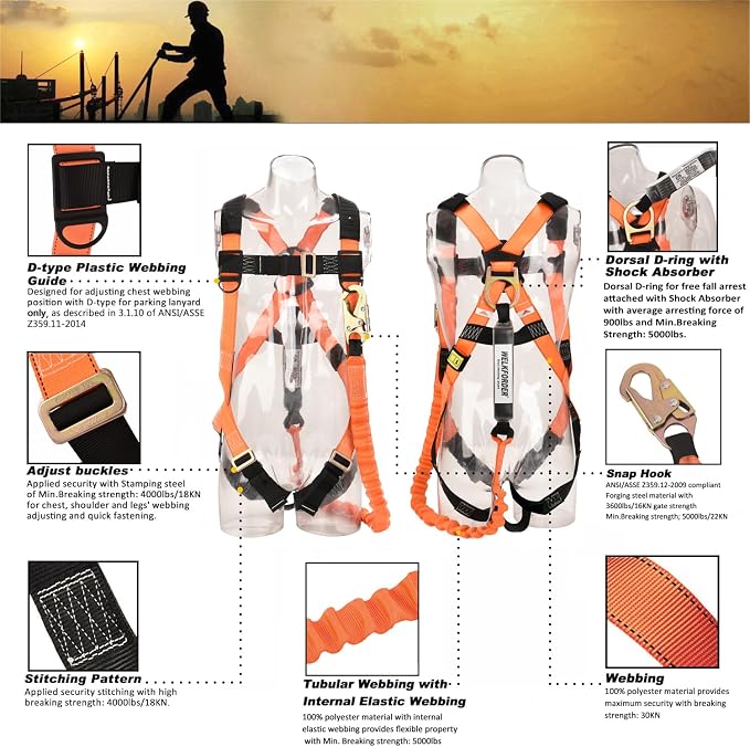 2-PACK 1D-Ring Industrial Fall Protection Safety Harness with 6-Foot Shock Absorber Stretchable Lanyard | Permanent attached Kit | ANSI Compliant Personal Fall Arrest System(PFAS)