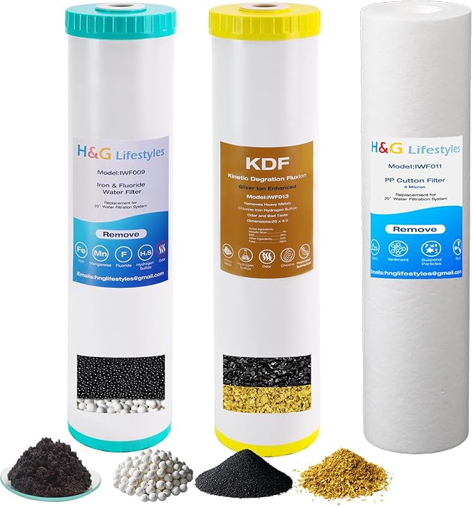 H&G Lifestyles 4.5" x 20" 3 Stage Whole House Water Filter Replacement | Iron & Manganese Reducing Cartridges, GAC KDF, PP Cutton Cartridges,Compatible with DGD-5005-20, WGB32BM,EP20-BB,FP25B
