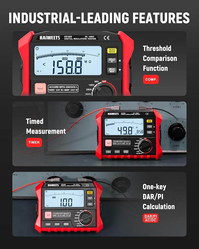 KAIWEETS Megohmmeter, Insulation Resistance Tester, Up to 100GΩ, 50V/100V/250V/500V/1000V, One-Touch DAR/PI, with AC/DC Voltage Testing for Motors, Solar, HVAC