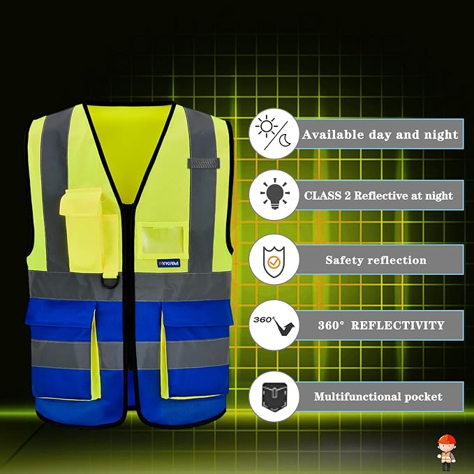 A-SAFETY yellow blue construction vest | Yellow/Blue XL safety vest with 7 pockets, reinforced pockets and front zipper for equipment teams and mechanical work.