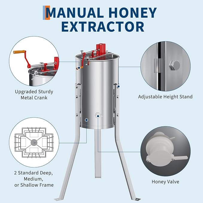 2-4 Frame Honey Extractor Spinner, Stainless Steel Manual Beekeeping Centrifuge