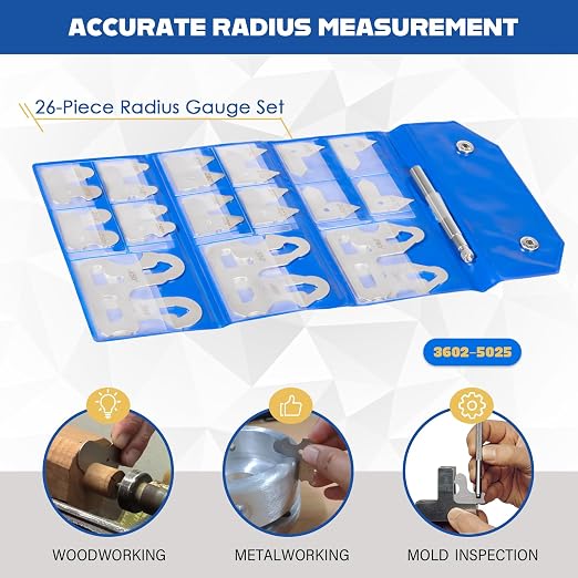 26 Pc Radius Gauge Set 0.010'' to 0.500'' Gauges with Holder, 3602-5025 Radius Measuring Tool