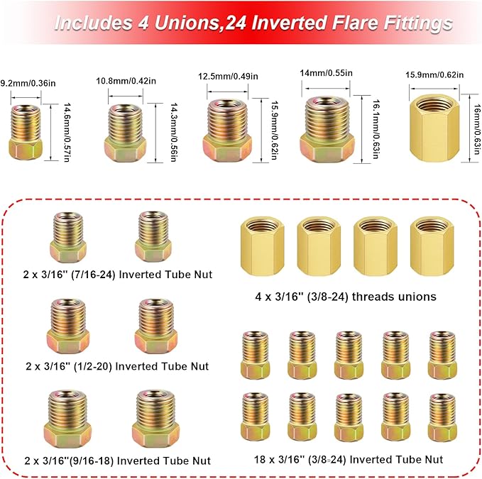 Tnisesm 3/16" 25 Ft Upgrade Brake Line Tubing Kit, 3/16 Copper Coated Flexible Tube (Upgrade 16Pcs Fittings,4Pcs Unions+8Pcs Nut)