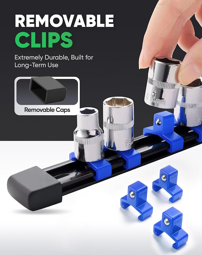ALOANES 3PC ABS Socket Organizer, Socket Rails Fit 3/8 inch Drive | Portable Heavy Duty Socket Holders Hold up 45 Sockets for Toolbox Drawer Bags(Blue)