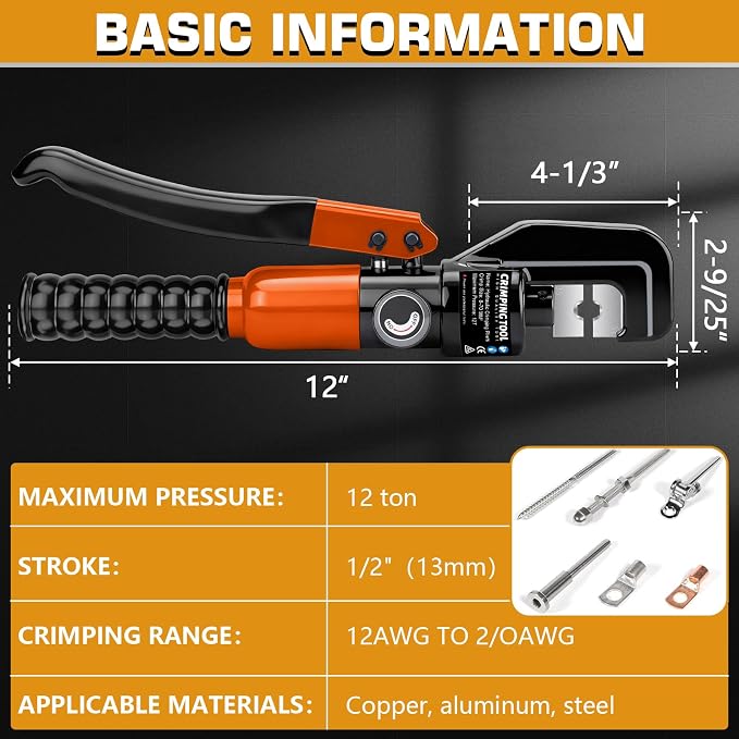 Hydraulic Crimping Tool Set with Cable Cutter, 10 Tons Battery Cable Crimper Tool with 12 AWG to 00 (2/0), Terminal Cable Wire Tool Kit with 9 Die (12awg~00awg Crimping Tool), Orange