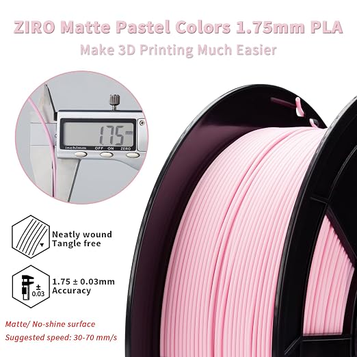 ZIRO 3D Printer Filament, Matte 1.75mm PLA Filament, Pastel Colors PLA Series, 3D Printing Material, Fit Most FDM Printers,1.75mm 2.2lbs Spool, Dimensional Accuracy +/- 0.03mm, Pastel Pink(Matte)