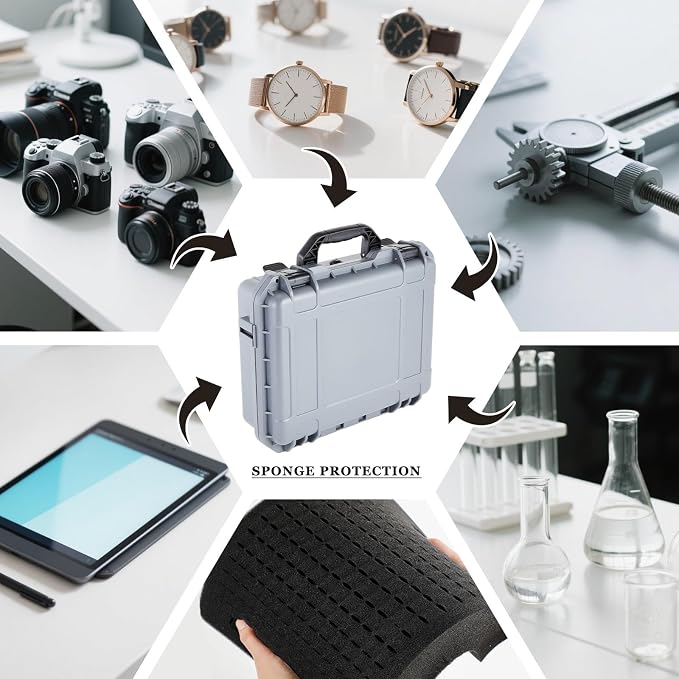 Relaxweex 1 Pcs Waterproof Hard Case with DIY Customizable Foam Insert Portable Protective Case with Knife for Camera Drones Equipments Tools Test Instruments(Gray,11.3 x 8.7 x 4.2 Inch)