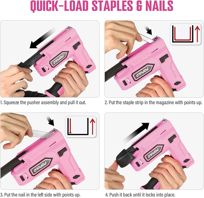 POPULO Pink Cordless Staple Gun, 2-in-1 Nail Gun Battery Powered with 2600Pcs Staples and Nails, 4V Brad Nailer Tacker Electric Stapler for Upholstery, Material Repair, Carpentry, Wood, DIY