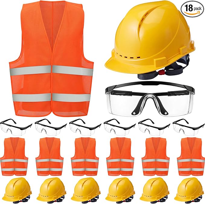 Mumufy 18 Pcs Suspension Hard Hats Safety Helmets Vented Cap Style Helmet with High Visibility Vest Mesh Reflective Anti Fog Safety Goggles Adjustable Temples for Construction Work(Yellow, Orange)