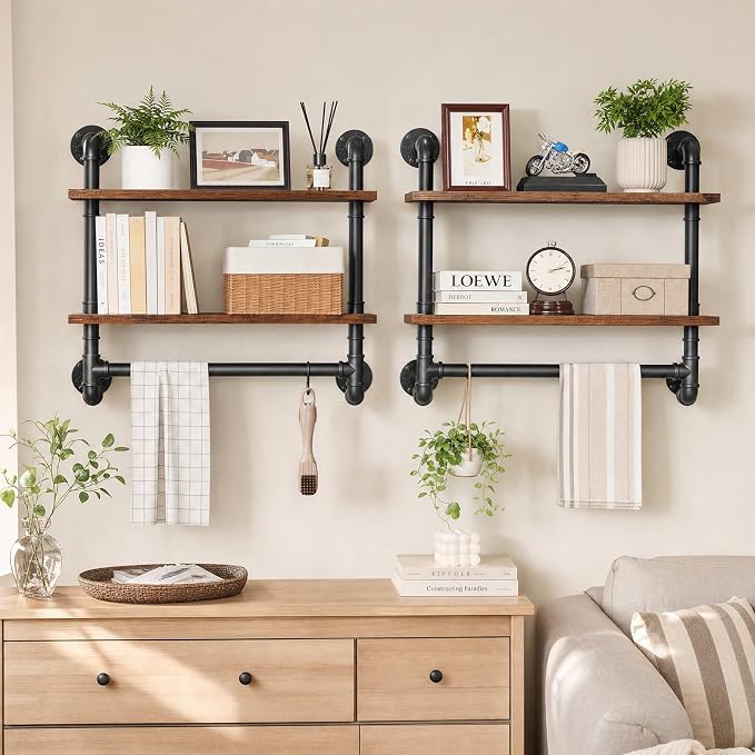 Merapi 24" Industrial Floating Shelves with Tower Bar, Pipe Shelves for Wall, 2 Tier Rustic Wood Wall Shelves for Home Décor, Bedroom, Living Room, Bathroom…