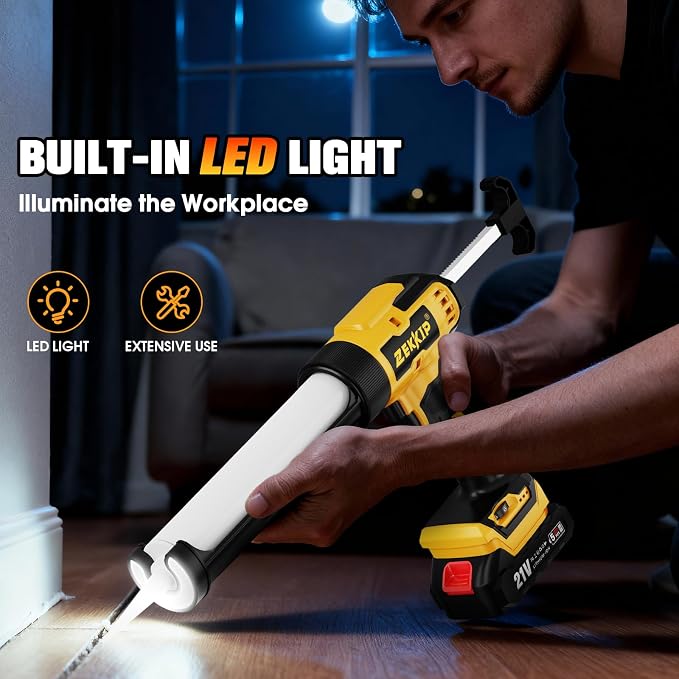 Electric Caulking Gun, Cordless Caulking Gun with 2x 2000mAh Batteries, 13Pcs Silicone Caulking Tools, 6 Adjustable Speeds, LED Light, Battery Powered Caulking Gun for Filling, Sealing