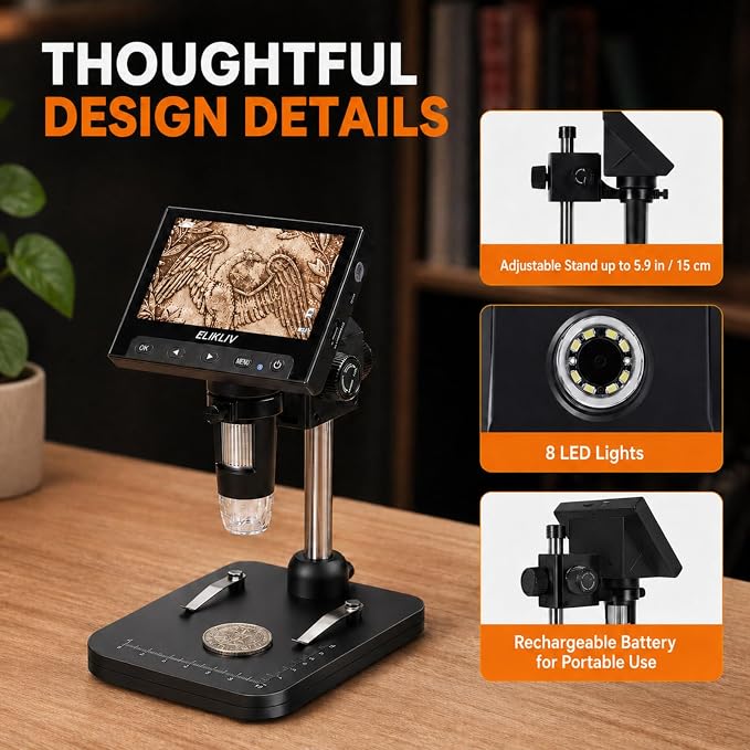 Elikliv Coin Microscope, 4.3'' LCD Digital Microscope 1000x, Coin Magnifier with 8 Adjustable LED Lights, PC View Compatible with Windows/Mac, EDM4B, Black