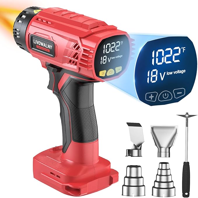 LIVOWALNY Heat Gun Compatible with Milwaukee 18V Battery (Tool Only) 350W Cordless Battery Powered Heat Gun 122℉~1022℉ (50℃~550℃) -Variable Temperature Control w/LED Digital Display for Shrink Tubing