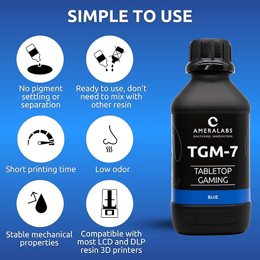 TGM-7 3D Printing Resin for Tabletop Miniatures – Tough, High Resolution, Low Odor, Fast Curing (Blue, 1 kg)