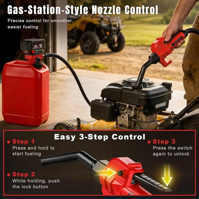 Fuel Transfer Pump for Milwaukee M18 Batteries, Cordless 3.7 GPM Flow | Gas Can Pump Kit with Locking Nozzle, 3 Adapters for Gasoline, Diesel, Kerosene & Light Oil, Battery Not Included