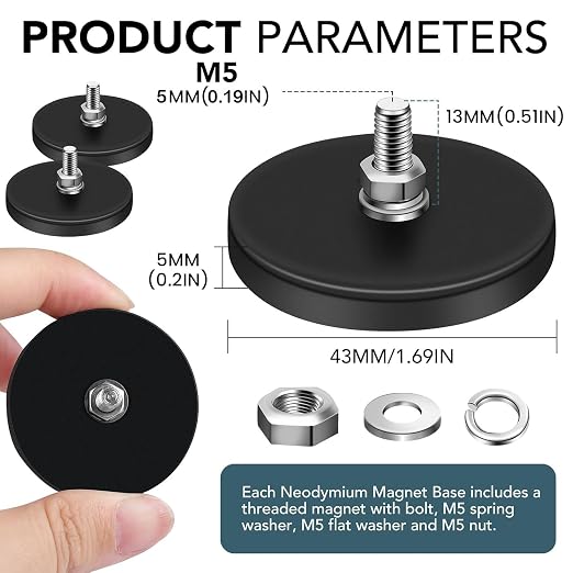 DIYMAG 6Pcs Rubber Coated Magnets, Adhesive Power 30LBS Anti-Scratch Neodymium Large Magnet Base with M5 Threaded Studs and Nuts Strong Magnets Hold The Base for Light Bar, Camera, PTZ 1.69 Inch