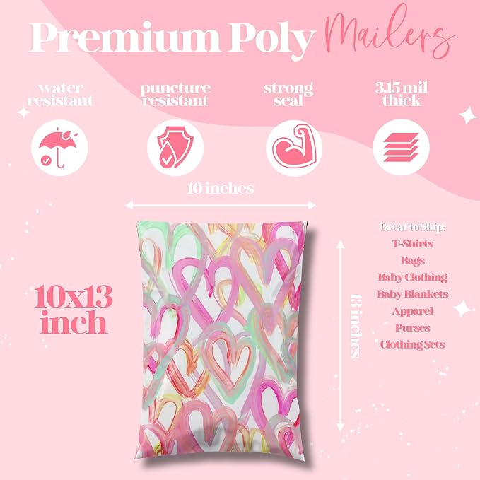 Pretty Package Store Poly Mailer 10x13, Happy Hearts, 100 Pack | Heavy Duty, Waterproof, Self Seal, Tear Resistant, Shipping Bags for Small Business Packaging, Bulk Mailing Envelopes