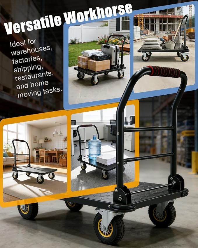Heavy Duty Platform Truck Cart, 1800LBS Capacity Steel Flatbed Dolly, 36"x24" Large Utility Cart with 6" Swivel Wheels with Brakes, Foldable Hand Truck for Warehouse, Garage, Shipping & Moving