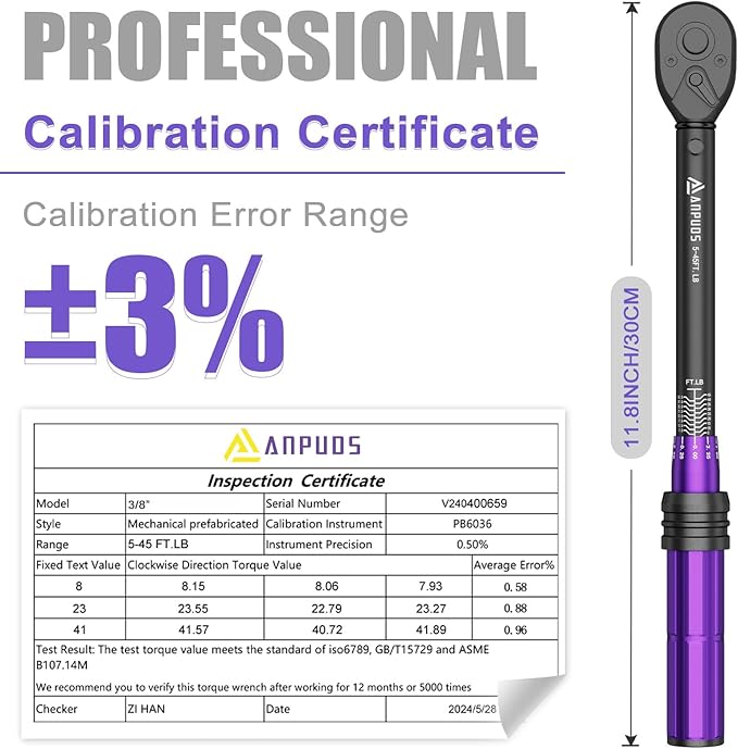 ANPUDS 3/8 Inch Drive Click Torque Wrench, 5-45 Ft-Lb/6.8-61Nm | Dual Direction, ±3% Accuracy, 72 Tooth, Lightweight Aluminum Torque Wrench for Bicycle, Moto and Car Spark Plug Repair