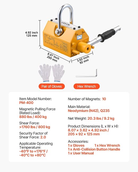 VEVOR Permanent Magnetic Lifter, 880 lbs Pulling Capacity, Heavy Duty N42 Neodymium Lifting Magnet with Release Handle and Steel Hook, Used in Shop Crane and Hoist, for Lifting Plate Steel, Board