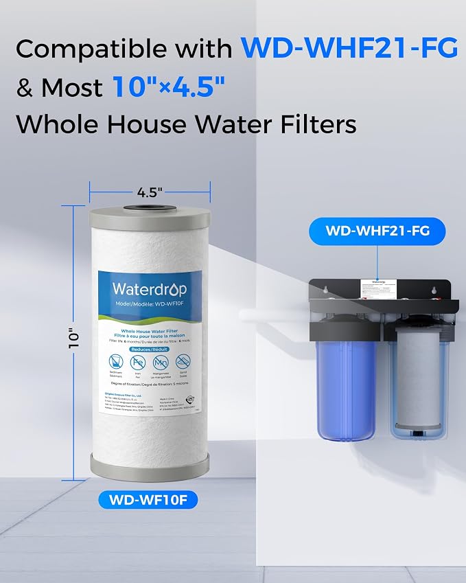 Waterdrop WF10F Whole House Water Filter, Compatible with WHF21-FG, Any 10" x 4.5" System, Reduces Iron and Manganese, 5 Micron, 2 Pack