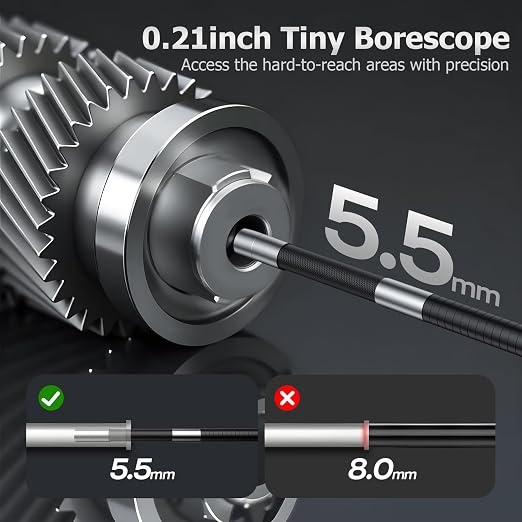 2-Way Articulating Borescope 5.5mm Industrial Endoscope with Articulated Probe Flexible Video Inspection Camera with Light, Snake Scope Cam for Automotive Aircraft Mechanics, 4.3FT