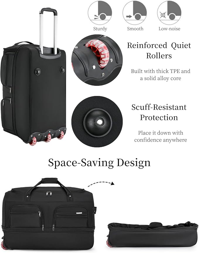Expandable Rolling Duffle Bag with Wheels, 28" Foldable Carry On Luggage Suitcases, Water-Resistant Travel Duffle Bag Carry On Suitcase Weekend Bag for Women Men Brown