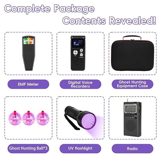 8 Pcs Ghost Hunting Kit with 1 EMF Meter,1 EVP Recorder,1 Spirit Box,1 UV Light,3 LED Light up Cat Balls & 1 Carrying Case