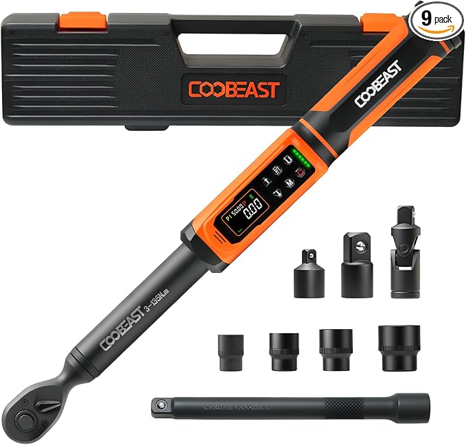 coobeast 3/8 Digital Torque Wrench,Adjustable Electric Torque Wrench Tool Set with Preset Value(1.5-99.5 Ft-lbs./2-135 Nm),with Buzzer and LED Alert, Portable Wrenches Set for Bike Motorcycle(Black)