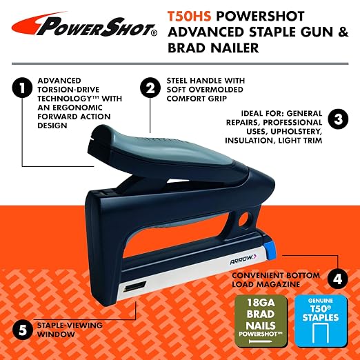 Arrow T50HS PowerShot Advanced Professional Heavy Duty 2-In-1 Staple and Nail Gun for Wood, Upholstery, Furniture, Crafts, Fits All T50 Staples and 5/8” Brad Nails